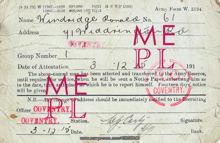 : Army Attestation Card for Ronald Windridge : Army Attestation Card for Ronald Windridge