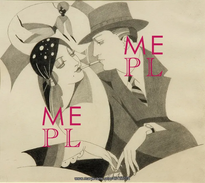 : Art Deco couple share cigarette : Art Deco couple share cigarette