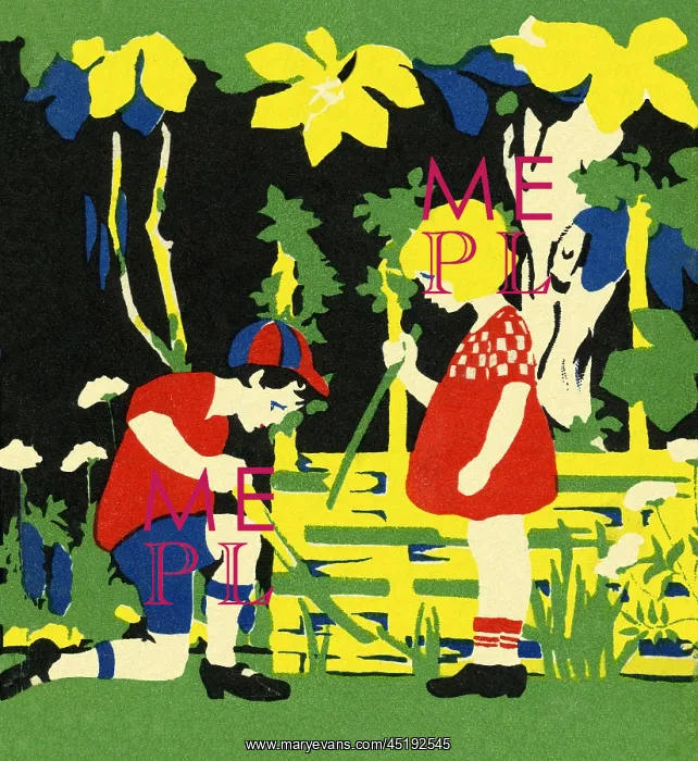 : Art deco style children gardening : Art deco style children gardening