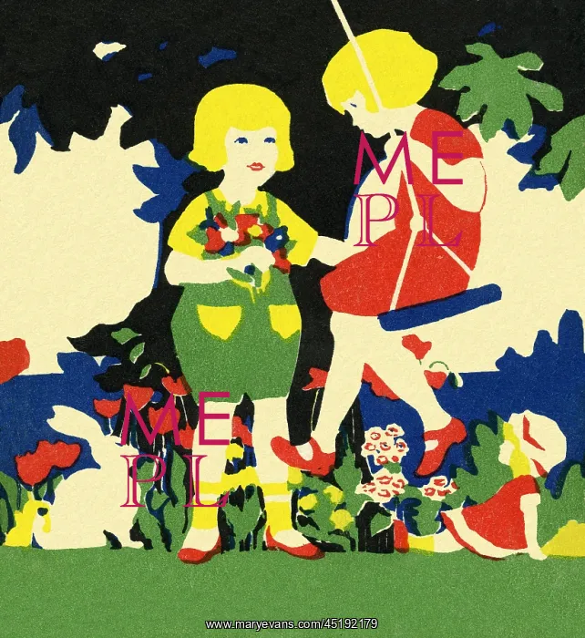 : Art deco style children on a swing : Art deco style children on a swing