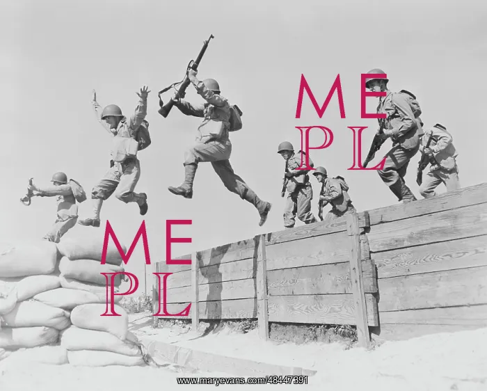 : Artillerymen take a running leap over an obstacle : Artillerymen take a running leap over an obstacle