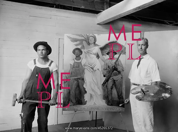 : Artist Gerrit Beneker with war poster and his : Artist Gerrit Beneker with war poster and his