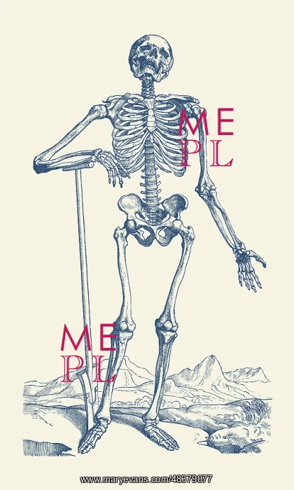 : Artistic view of a skeleton standing in before mountains : Artistic view of a skeleton standing in before mountains