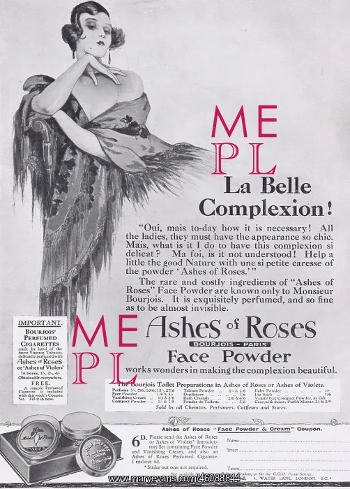 : Ashes & Roses Face Powder advert, 1927 : Ashes & Roses Face Powder advert, 1927
