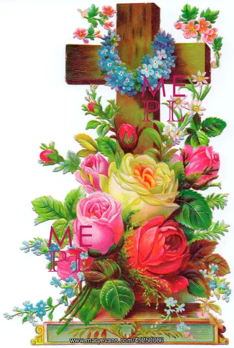: Assorted flowers on a cross-shaped greetings card : Assorted flowers on a cross-shaped greetings card