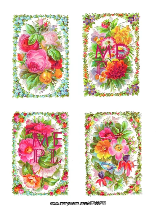  : Assorted flowers on four Victorian scraps