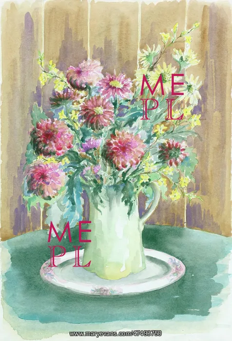 : Asters, Dahlias and Winter Jasmine in a Jug : Asters, Dahlias and Winter Jasmine in a Jug
