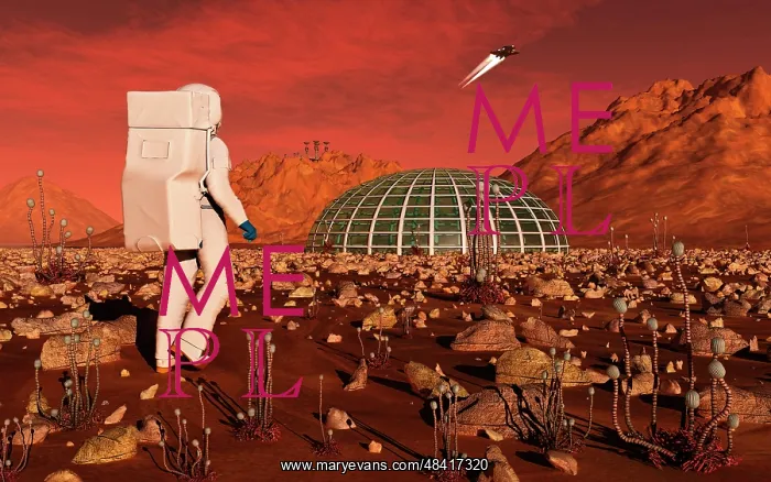 : Astronaut walking across the surface of Mars towards a ? : Astronaut walking across the surface of Mars towards a ?