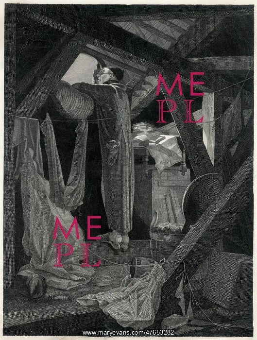 : Astronomer looking at the sky from an attic room : Astronomer looking at the sky from an attic room