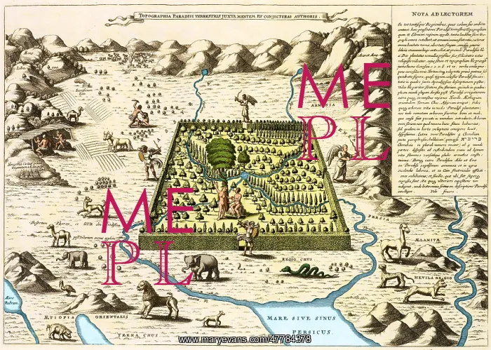 : Athanasius Kircher, Garden of Eden Map, 1675 : Athanasius Kircher, Garden of Eden Map, 1675
