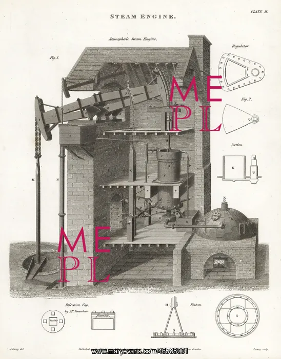 : Atmospheric steam engine, elevation, 19th century : Atmospheric steam engine, elevation, 19th century