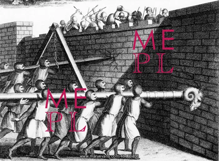 : Attacking walls with battering rams. The one mounted : Attacking walls with battering rams. The one mounted