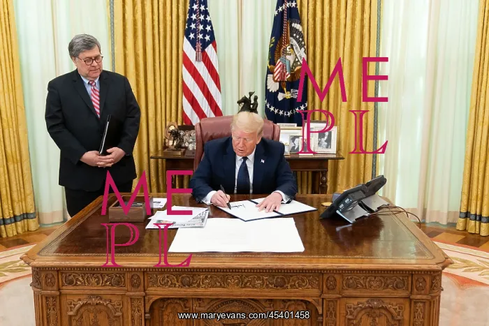 : Attorney General William Barr looks on as President : Attorney General William Barr looks on as President