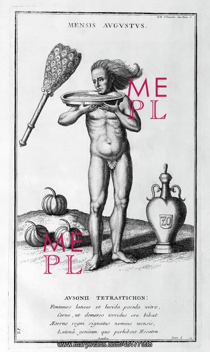 : August represented as man holding a large dish : August represented as man holding a large dish