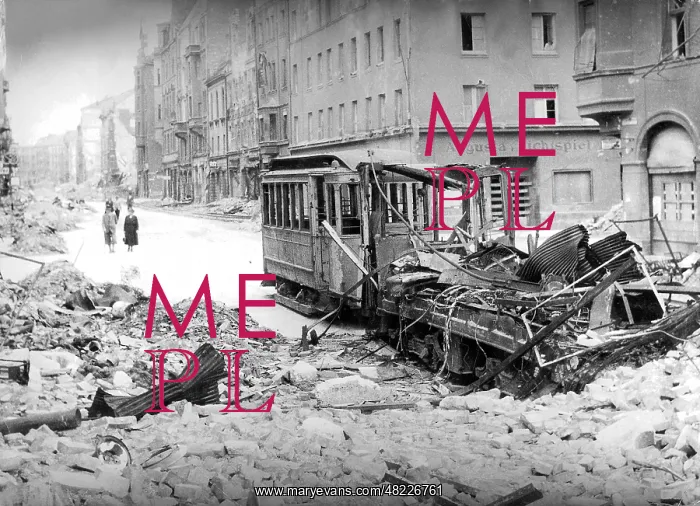 : The Augustenstrasse in Munich after an air raid : The Augustenstrasse in Munich after an air raid