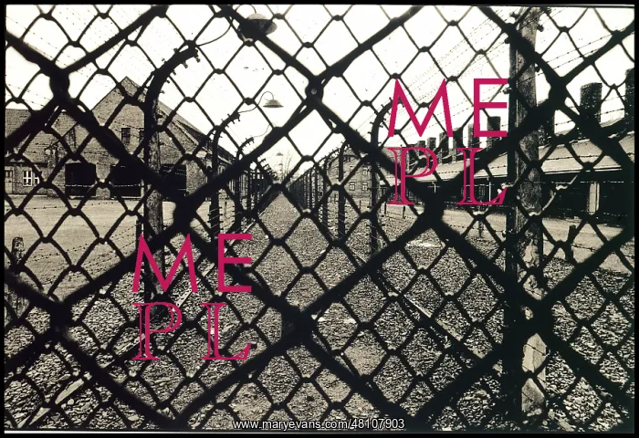 : Auschwitz - chain link fence and view of camp : Auschwitz - chain link fence and view of camp