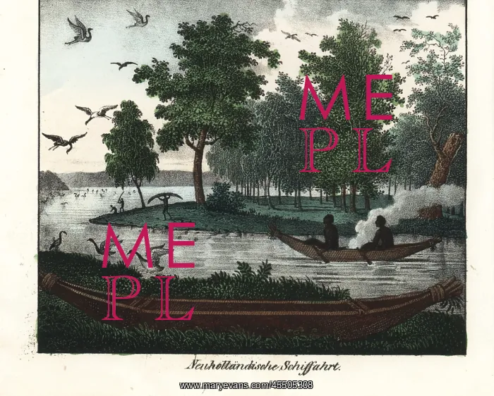 : Australian aborigines paddling a canoe, others : Australian aborigines paddling a canoe, others