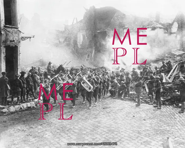 : Australian band playing a march, Bapaume, France, WW1 : Australian band playing a march, Bapaume, France, WW1