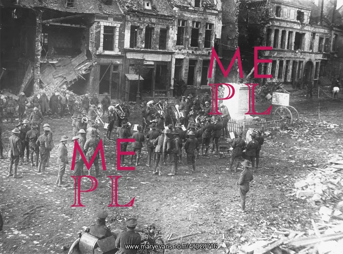 : Australian band playing in square, Bapaume, France, WW1 : Australian band playing in square, Bapaume, France, WW1