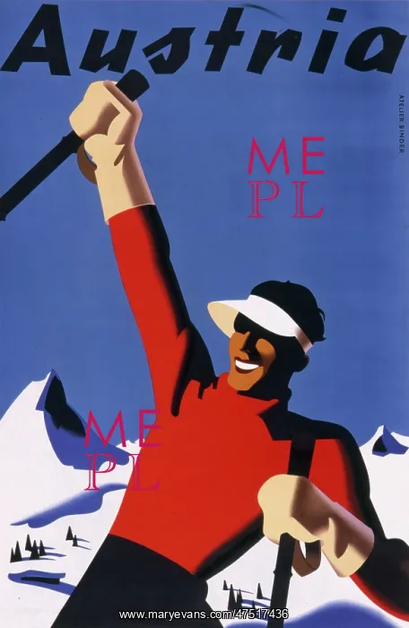 : Austria. Tourism poster for Austria, with a skier in a sun visor against : Austria. Tourism poster for Austria, with a skier in a sun visor against
