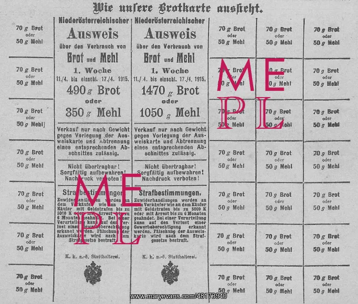 : Austrian bread card in WWI, 1915 : Austrian bread card in WWI, 1915