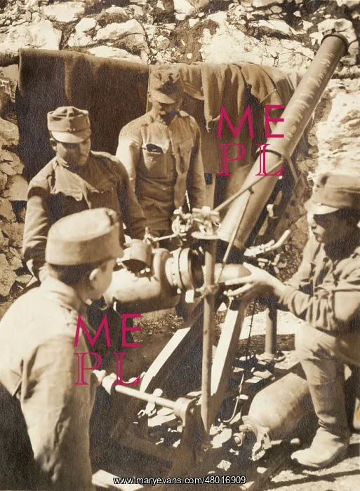 : Austrian gunners loading 12cm trench mortar, WW1 : Austrian gunners loading 12cm trench mortar, WW1