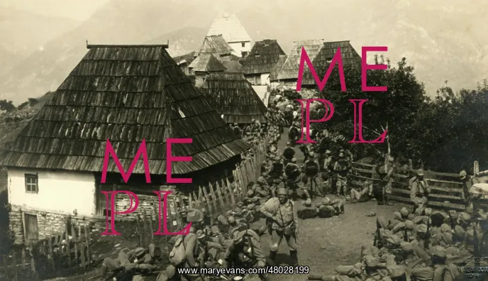 : Austrian troops marching through Medice, Bosnia, WW1 : Austrian troops marching through Medice, Bosnia, WW1