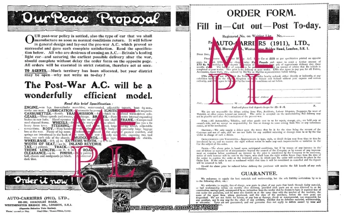  : Auto-Carriers - A.C.Cars 1918 Advert