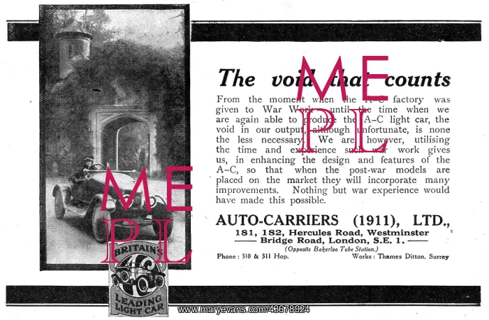 : Auto-Carriers. A.C.Cars WW1 Advert : Auto-Carriers. A.C.Cars WW1 Advert