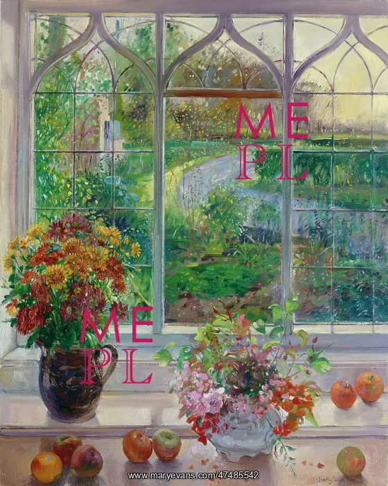 : Autumn Flowers & Apples ' in front of window : Autumn Flowers & Apples ' in front of window