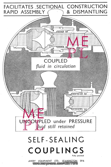 : Avery Pipe Couplings - Self-Sealing Uncouplers. 1942 Advert : Avery Pipe Couplings - Self-Sealing Uncouplers. 1942 Advert