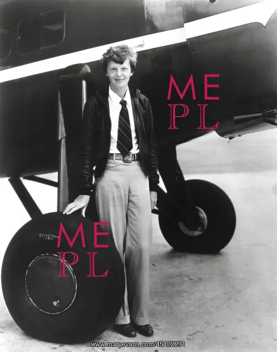 : Aviator, Amelia Earhart, standing below her Bright : Aviator, Amelia Earhart, standing below her Bright