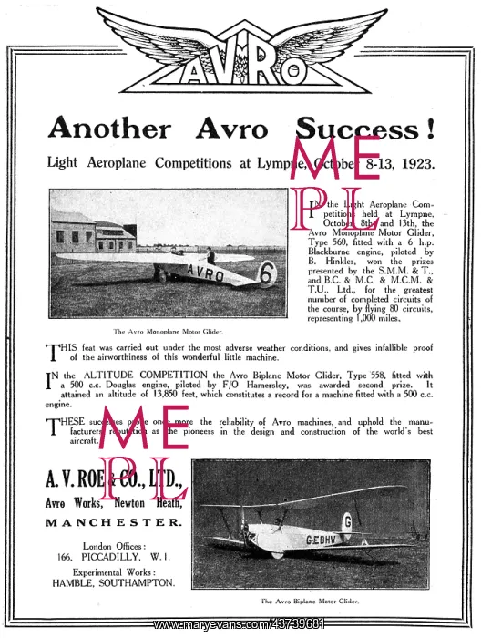 : Avro Motor Gliders. Lympne 1923. Avro Biplane Motor Glider : Avro Motor Gliders. Lympne 1923. Avro Biplane Motor Glider