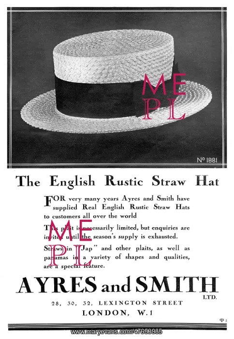 : Ayres and Smith straw boater hat advertisement, 1931 : Ayres and Smith straw boater hat advertisement, 1931
