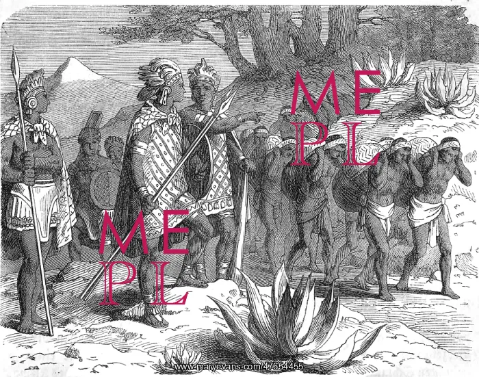 : Aztec Warriors directing a caravan of porters : Aztec Warriors directing a caravan of porters