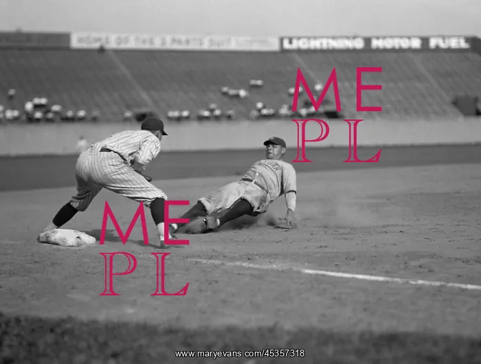 : Babe Ruth slides in safe at third base on Bob Meusel's : Babe Ruth slides in safe at third base on Bob Meusel's