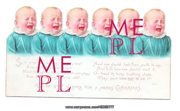 : Six babies in blue on a cutout Christmas card : Six babies in blue on a cutout Christmas card