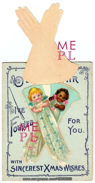 : Two babies with comic greeting on a Christmas card : Two babies with comic greeting on a Christmas card