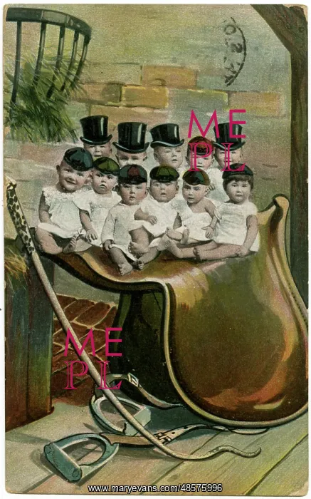  : Babies in hats, sitting on a large saddle