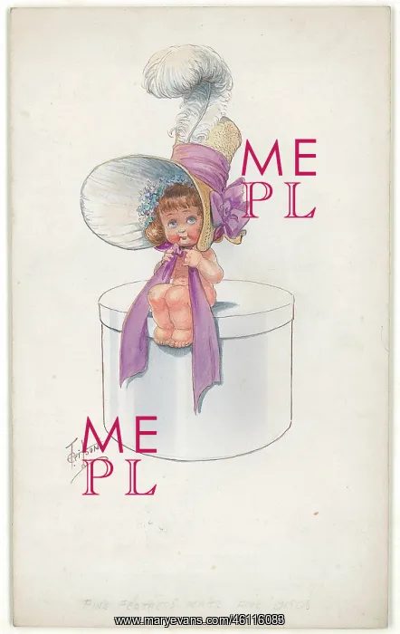 : Baby on hat box in large feathered bonnet : Baby on hat box in large feathered bonnet