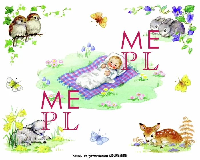 : Baby lying on a rug on grass, animals around : Baby lying on a rug on grass, animals around