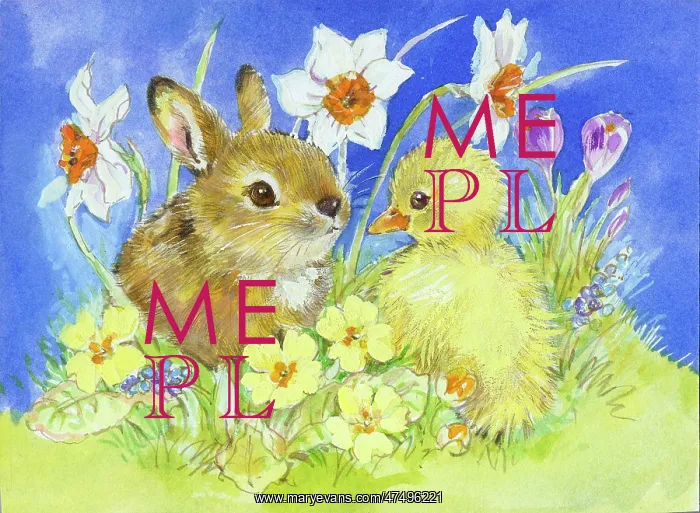 : Baby rabbit and chick with spring flowers : Baby rabbit and chick with spring flowers