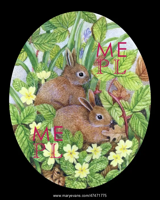  : Two Baby Rabbits with Primroses