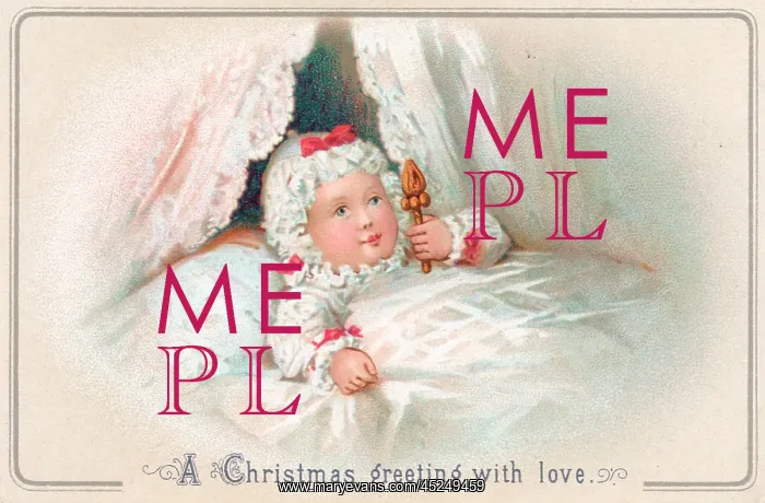 : Baby with rattle in a cot on a Christmas card : Baby with rattle in a cot on a Christmas card