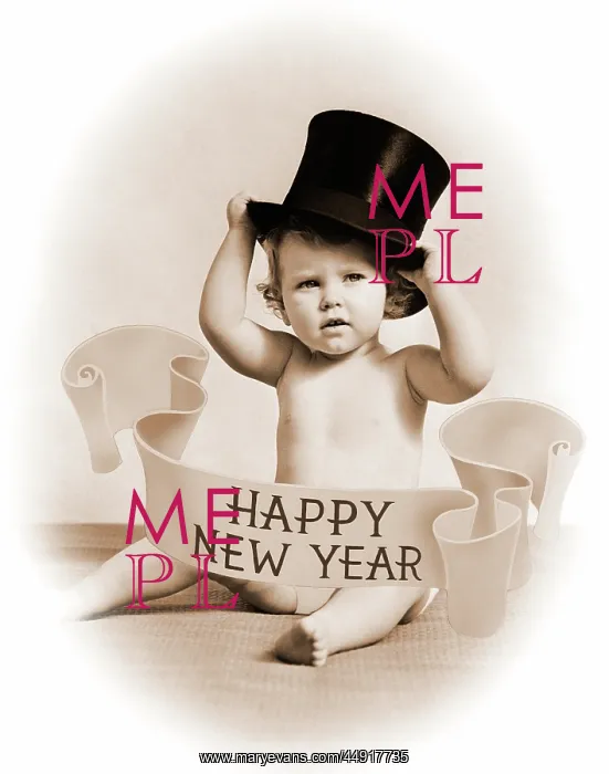 : Baby wearing top hat surrounded by happy new : Baby wearing top hat surrounded by happy new
