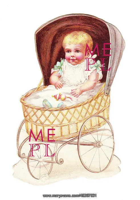 : Baby in wickerwork pram on a cutout greetings card : Baby in wickerwork pram on a cutout greetings card