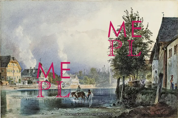 : Bad Ischl by the Train. 1842. Watercolour, Lights have been scratched out : Bad Ischl by the Train. 1842. Watercolour, Lights have been scratched out