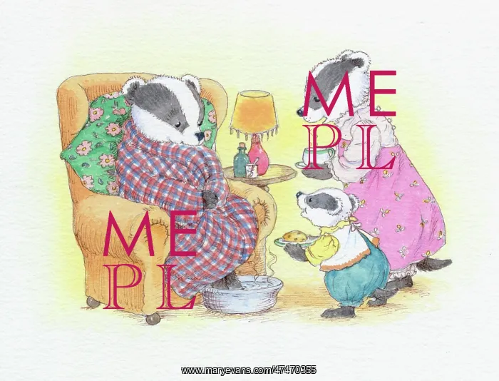 : Badger in armchair with badgers bringing tea : Badger in armchair with badgers bringing tea