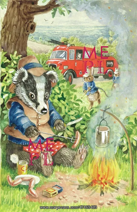 : Badger cooking sausages on roadside fire : Badger cooking sausages on roadside fire
