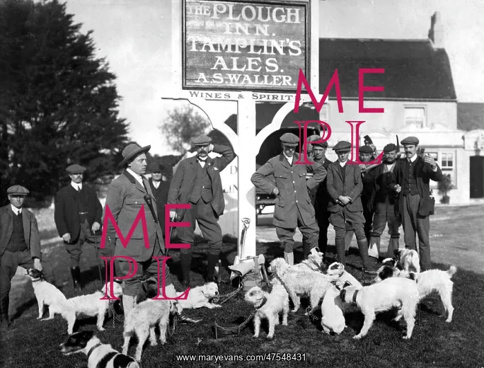 : Badger hunters outside Plough Inn, Pyecombe, Sussex : Badger hunters outside Plough Inn, Pyecombe, Sussex
